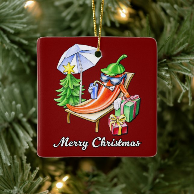 Square Deep Red Merry Christmas Pepper Ceramic Ornament (Tree)