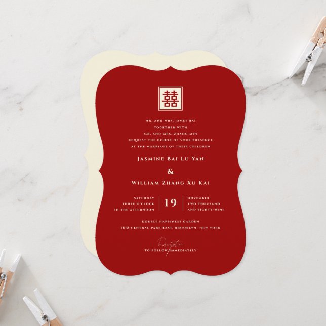 Square Double Happiness Classic Chinese Wedding Invitation (Front/Back In Situ)