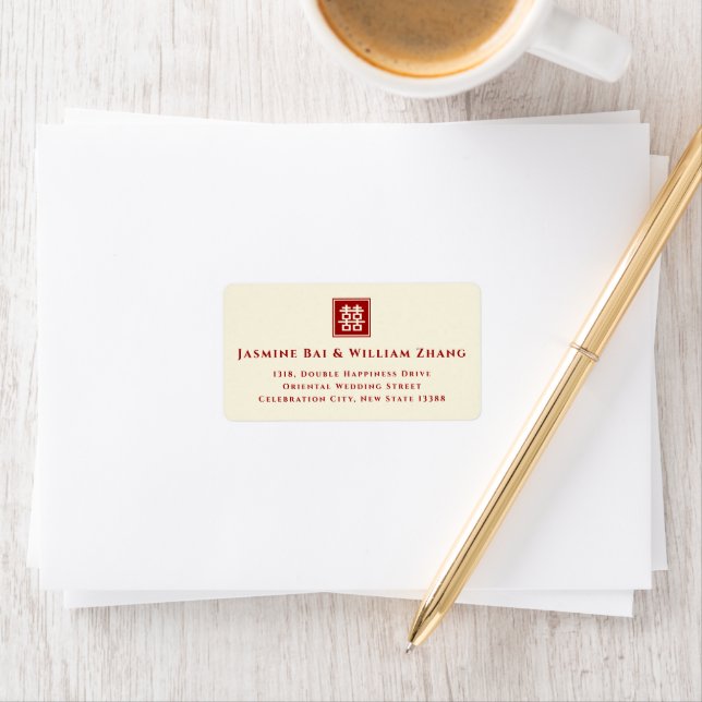 Square Double Happiness Classic Chinese Wedding Label (Insitu)