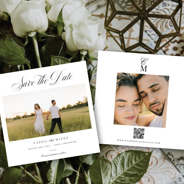 Square Elegant Script Monogram Save the Date Photo Announcement (Creator Uploaded)