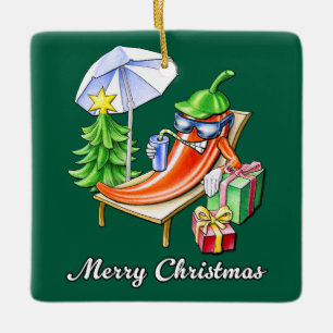 Square Fir Green Chilli Merry Christmas Ceramic Ornament