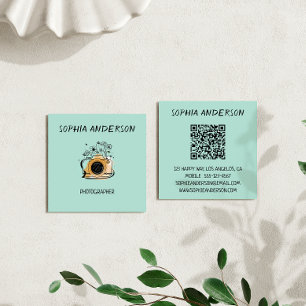 Square Floral Camera Photographer with QR Code Business Card