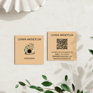 Square Floral Camera Photographer with QR Code Business Card