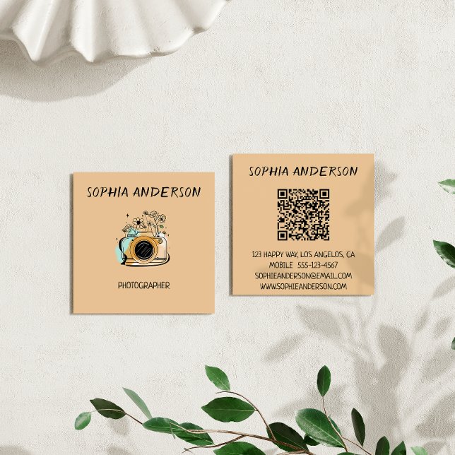 Square Floral Camera Photographer with QR Code  Business Card (Creator Uploaded)