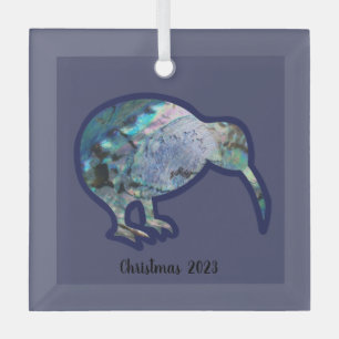 Square Glass Pāua Kiwi Bird Xmas Decoration