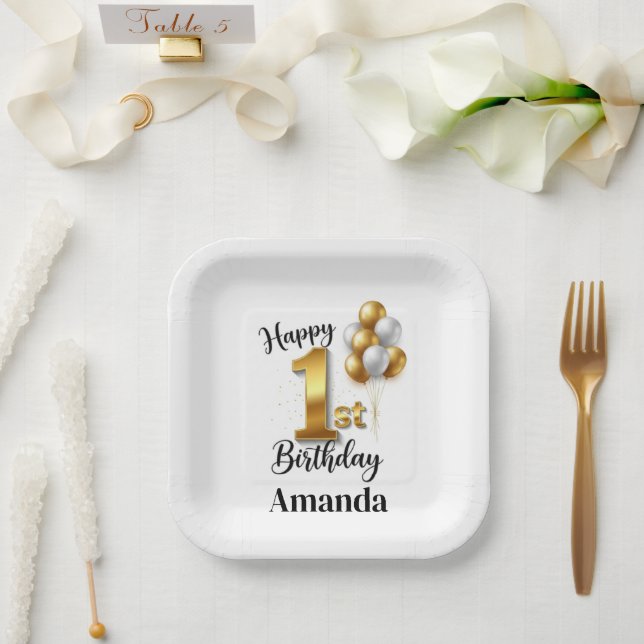 Square Gold Balloons Happy 1st Birthday Paper Plate (Wedding)