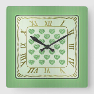 Square Green and White Tile Hearts Pattern Wall Clock
