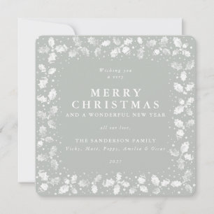 Square Green Hand Printed Holly Merry Christmas Holiday Card