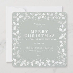 Square Green Hand Printed Holly Merry Christmas Holiday Card