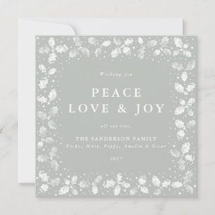 Square Green Hand Printed Holly Peace Love + Joy Holiday Card