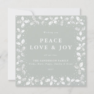 Square Green Hand Printed Holly Peace Love + Joy Holiday Card