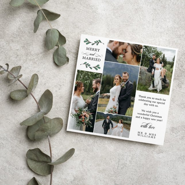 Square Green Mistletoe Merry Married Christmas Thank You Card (Creator Uploaded)