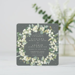 Square Green Snowberry+Eucalyptus Wreath Wedding Invitation