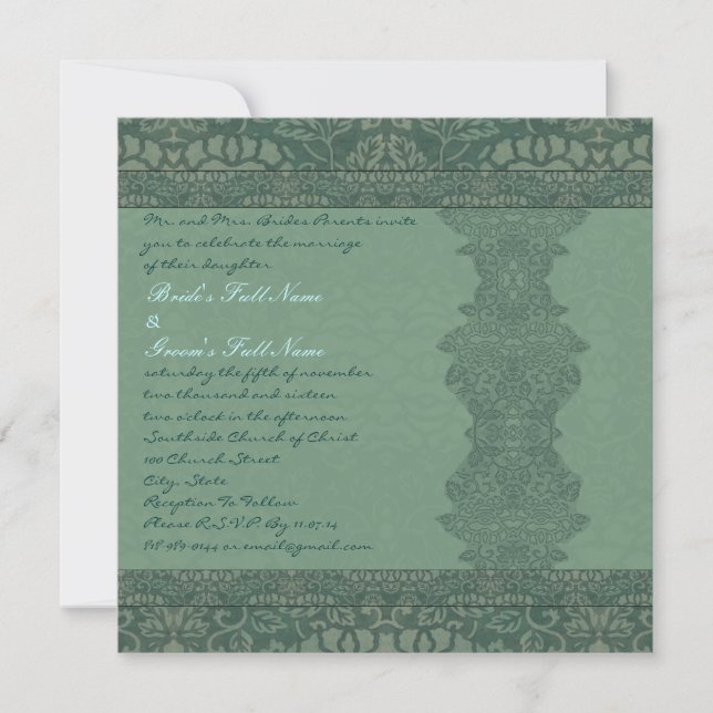 Square Green Vintage Damask Wedding Invitation (Front)