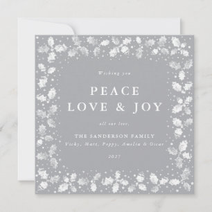 Square Grey Hand Printed Holly Peace Love + Joy Holiday Card