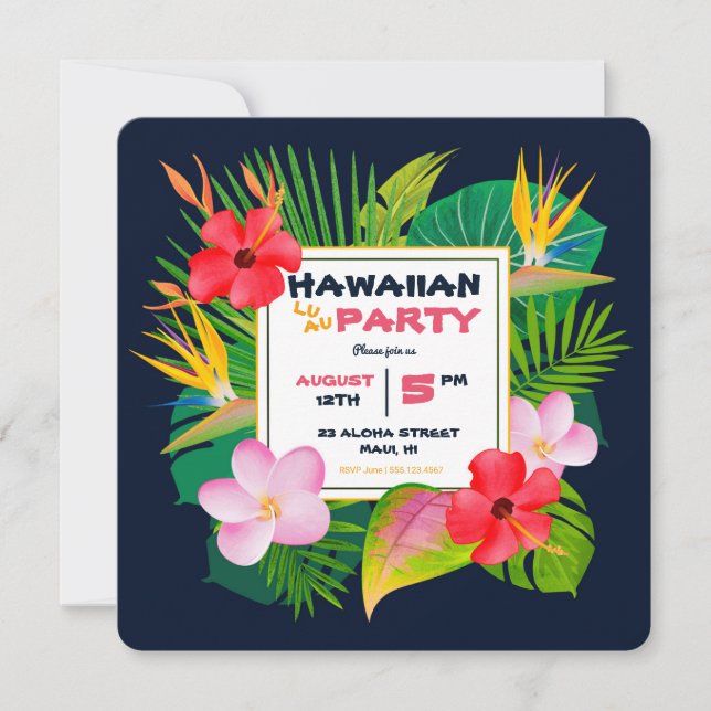 Square Hawaiian Luau Party Dark Blue Floral Invite (Front)