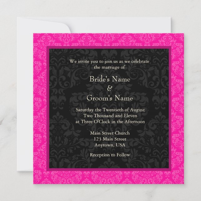 Square Hot Pink Damask Monogram Wedding Invitation (Front)