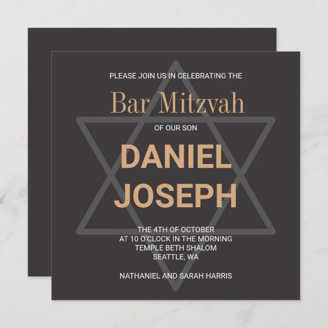 Square jewish star Bar Mitzvah - black golden Invitation (Front/Back)