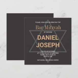 Square jewish star Bar Mitzvah - black golden Invitation