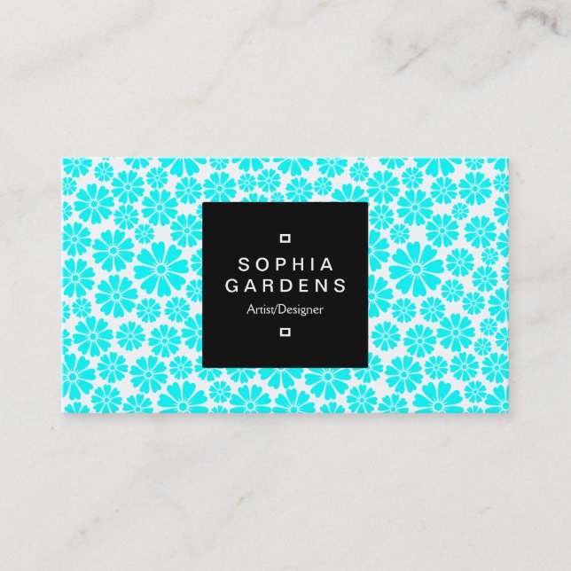 Square Label 01a - 8 Petals - Cyan on White Business Card (Front)