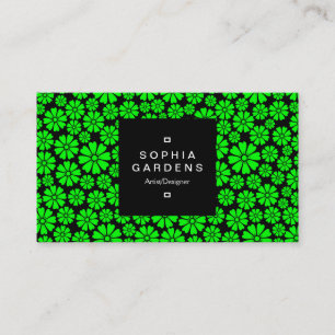 Square Label 01a - 8 Petals - Green on Black Business Card