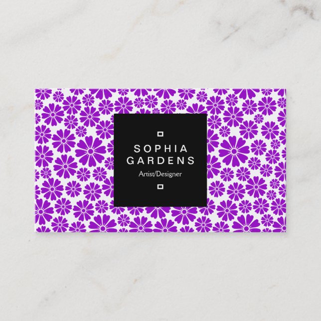 Square Label 01a - 8 Petals - Purple on White Business Card (Front)