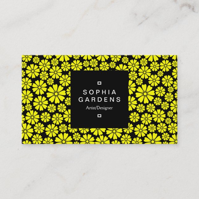 Square Label 01a - 8 Petals - Yellow on Black Business Card (Front)