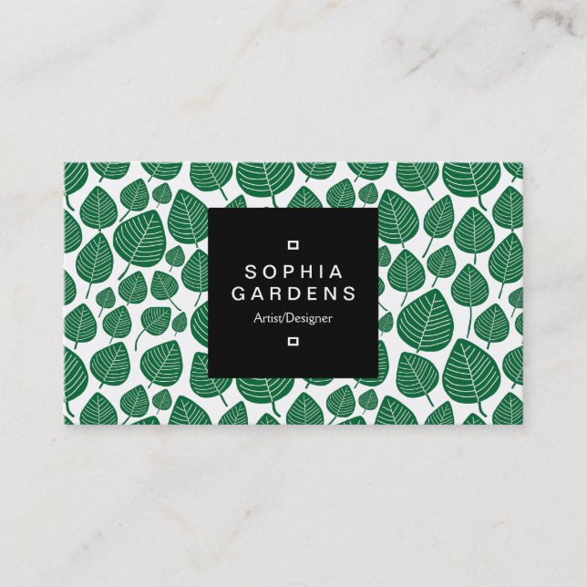 Square Label 01a - Leaf pattern 02 - Forest Green Business Card (Front)