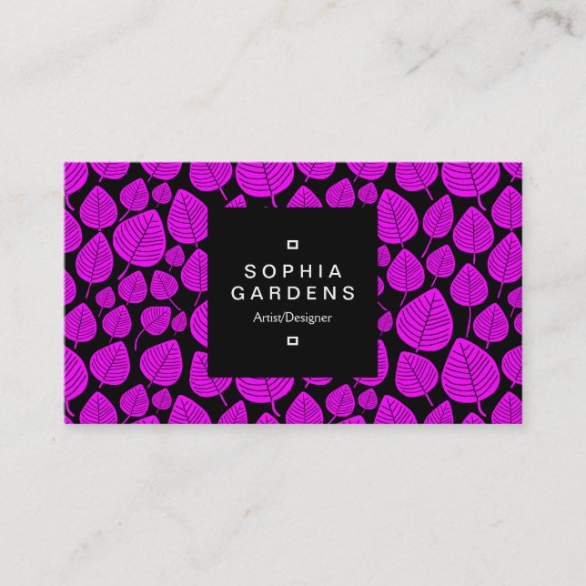 Square Label 01a - Leaf pattern 02 - Magenta Business Card (Front)