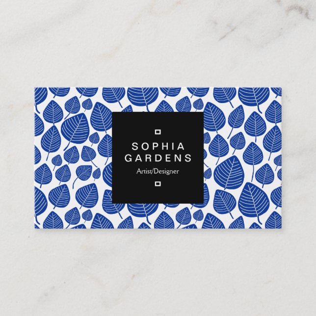 Square Label 01a - Leaf pattern 02 - Navy Business Card (Front)