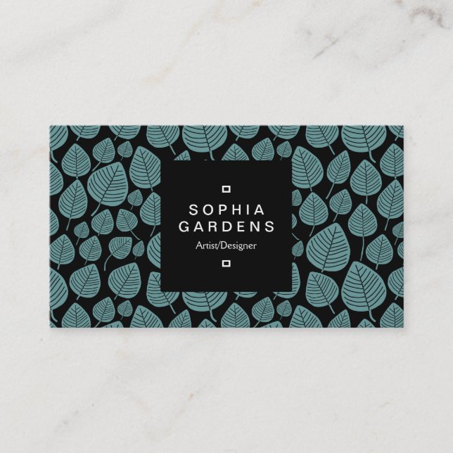 Square Label 01a - Leaf pattern 02 - Ocean Green Business Card (Front)