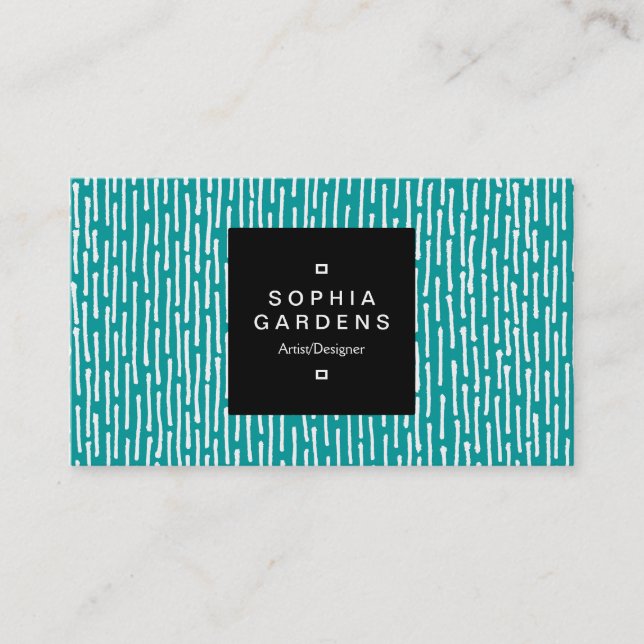 Square Label 01a - Lines - White on Dp Turquoise Business Card (Front)
