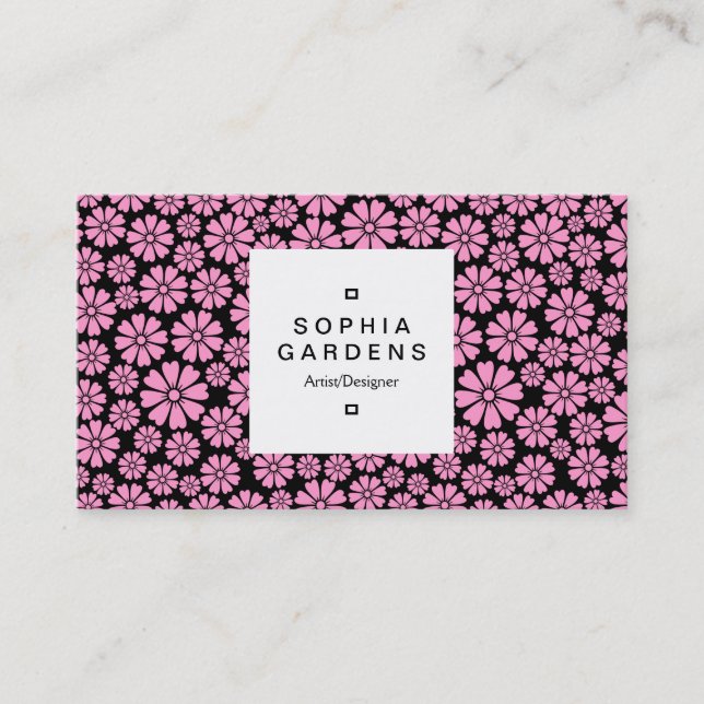 Square Label 03a - 8 Petals - Pink on Black Business Card (Front)
