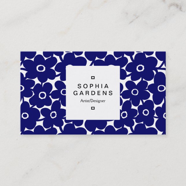 Square Label 03a - Bold Flowers - Deep Navy Business Card (Front)