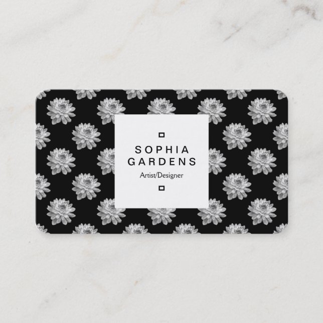 Square Label 03a - Chrysanthemum Pattern B&W Business Card (Front)