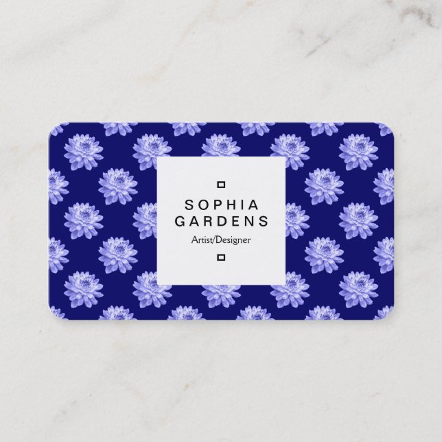 Square Label 03a - Chrysanthemum Pattern Dp Navy Business Card (Front)