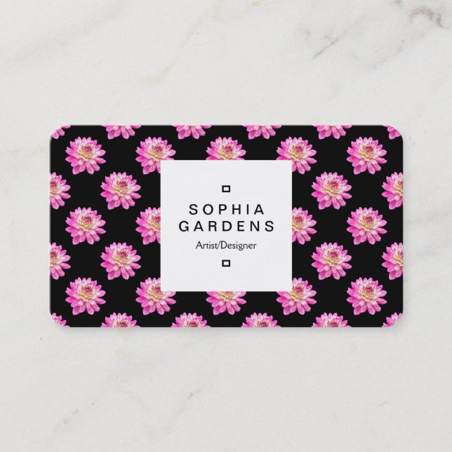 Square Label 03a - Chrysanthemum Pattern on Black Business Card (Front)