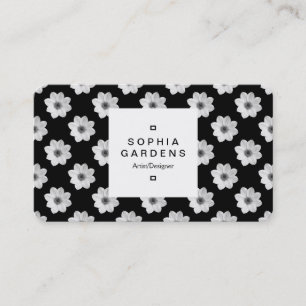 Square Label 03a - Dahlia Pattern Black Business Card