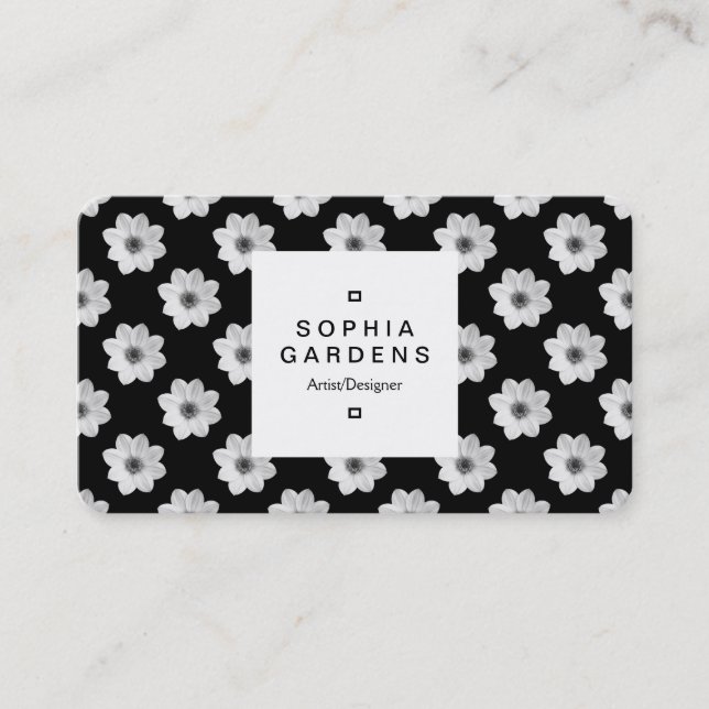 Square Label 03a -  Dahlia Pattern Black Business Card (Front)