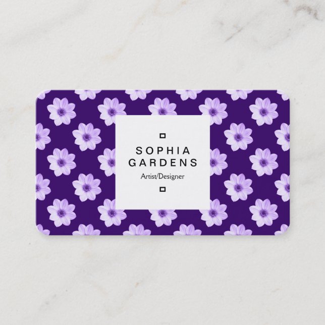 Square Label 03a -  Dahlia Pattern Deep Purple Business Card (Front)