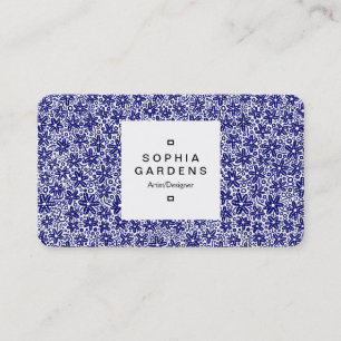 Square Label 03a - Flower Pattern - Dk Blue on Wt Business Card