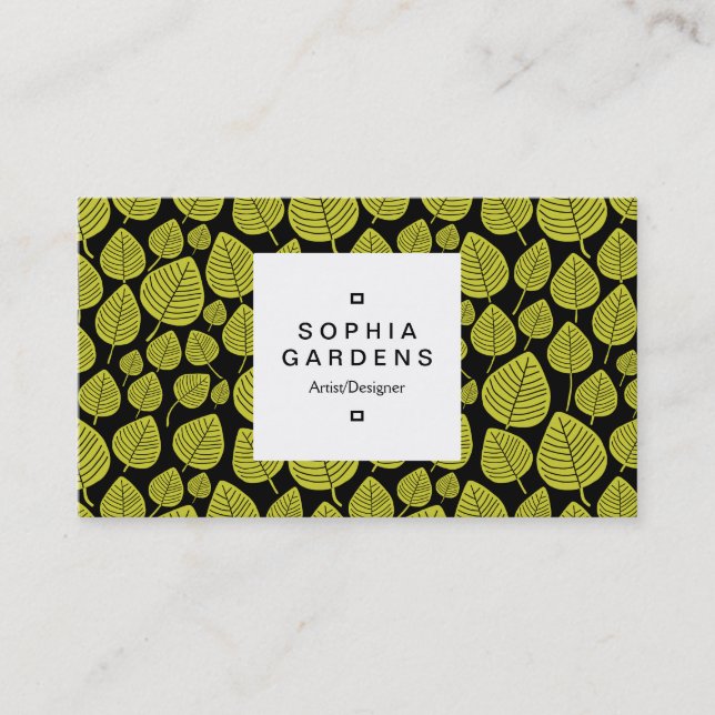 Square Label 03a - Leaf pattern 02 - Banana Yellow Business Card (Front)
