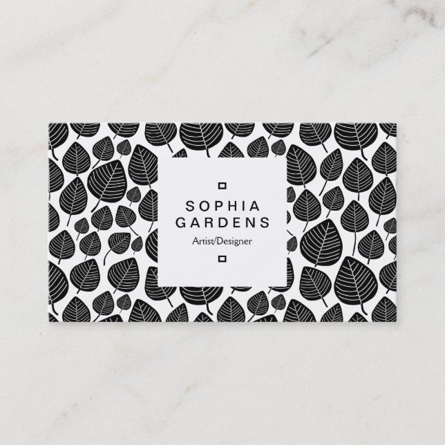 Square Label 03a - Leaf pattern 02 - Black Business Card (Front)