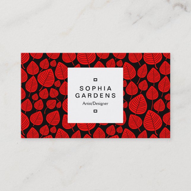 Square Label 03a - Leaf pattern 02 - Red Business Card (Front)