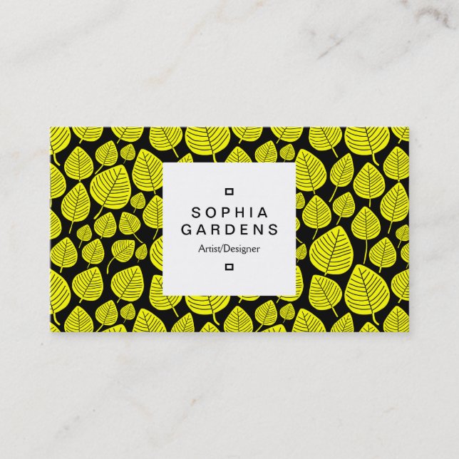 Square Label 03a - Leaf pattern 02 - Yellow Business Card (Front)