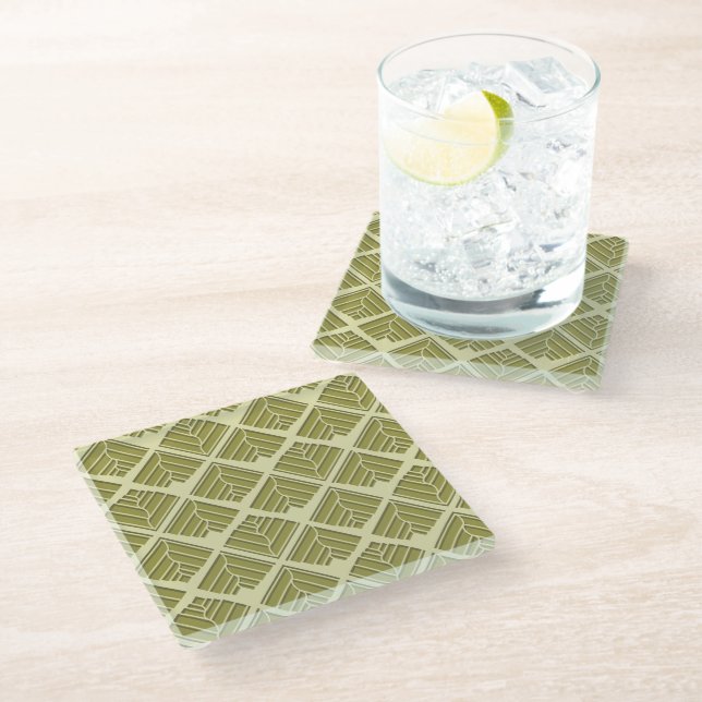 Square Leaf Pattern Gold Lime Light Glass Coaster (Angled)