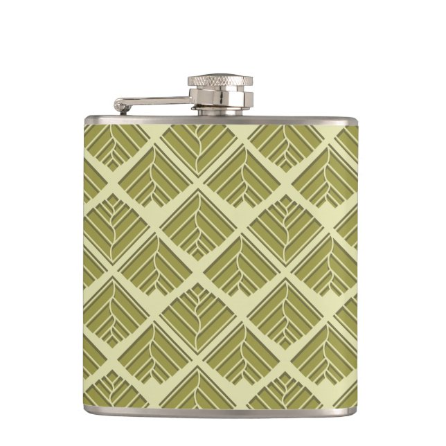 Square Leaf Pattern Gold Lime Light Hip Flask (Front)