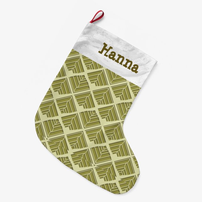 Square Leaf Pattern Gold Lime Light Large Christmas Stocking (Front (Hanging))