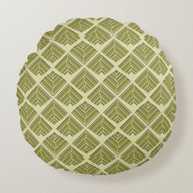 Square Leaf Pattern Gold Lime Light Round Cushion (Front)