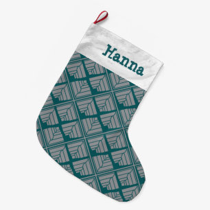 Square Leaf Pattern Teal Neutral Large Christmas Stocking